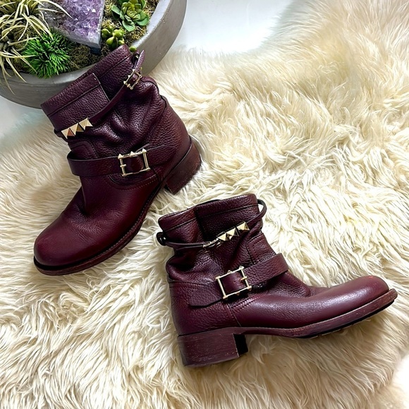 Valentino Rouge Absolute' studded Moto Boot 37.5 women’s DARK RED Preowned - Picture 1 of 12